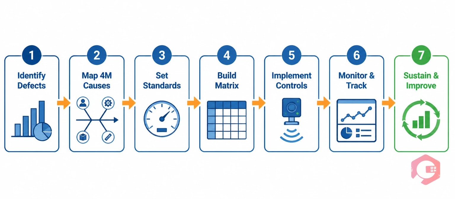 Quality Maintenance 7-step implementation process flow: Identify, Map 4M, Set Standards, Build Matrix, Implement Controls, Monitor, Sustain | Cryotos