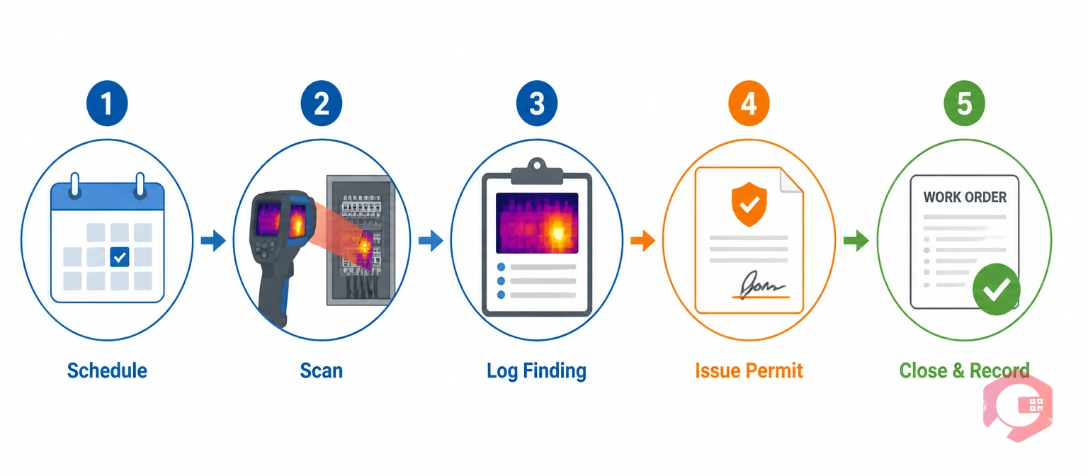 Cryotos CMMS IR thermography workflow: Schedule, Scan, Log Finding, Issue Permit, Close and Record — 5-step process illustration | Cryotos