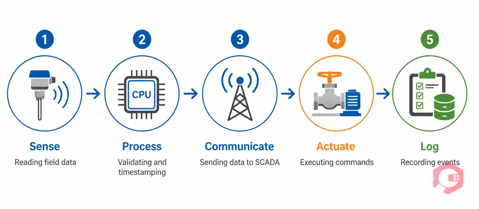 RTU data loop five-stage process flow: Sense, Process, Communicate, Actuate, Log | Cryotos