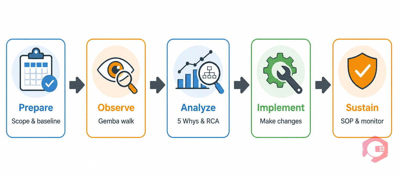 5-phase Kaizen blitz process flow: Prepare, Observe, Analyze, Implement, Sustain step-by-step illustration | Cryotos