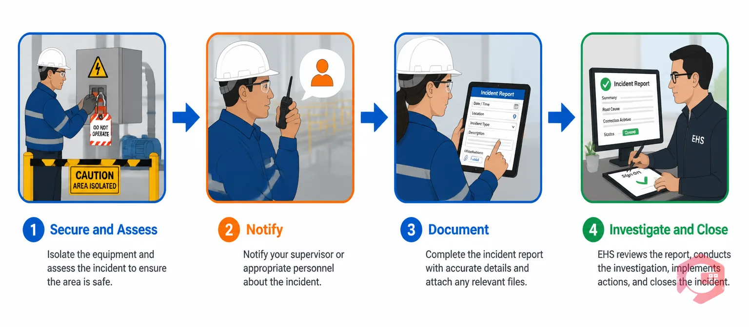 Four-step workplace incident reporting sequence: Secure and Assess, Notify, Document, Investigate and Close | Cryotos