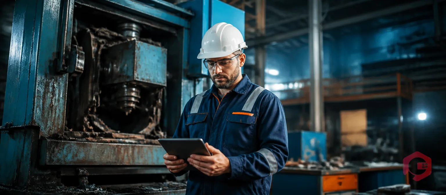 Maintenance technician logging equipment incident on CMMS tablet at machine breakdown scene | Cryotos