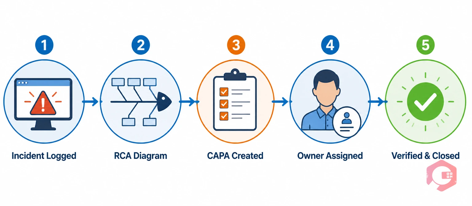 Five-step CMMS workflow for RCA and CAPA tracking from incident log to verified closure | Cryotos