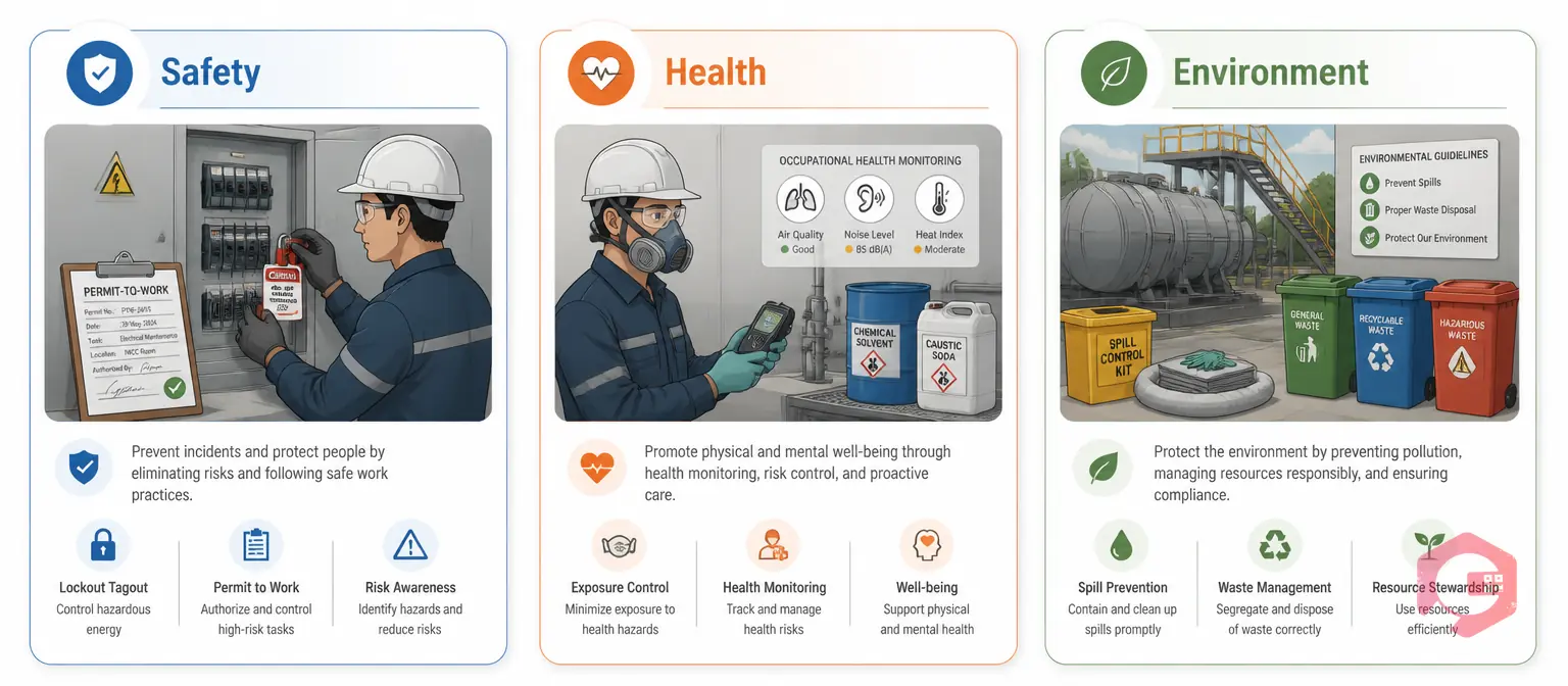 Three pillars of SHE in maintenance operations - Safety lockout tagout, Health exposure protection, Environment spill containment | Cryotos