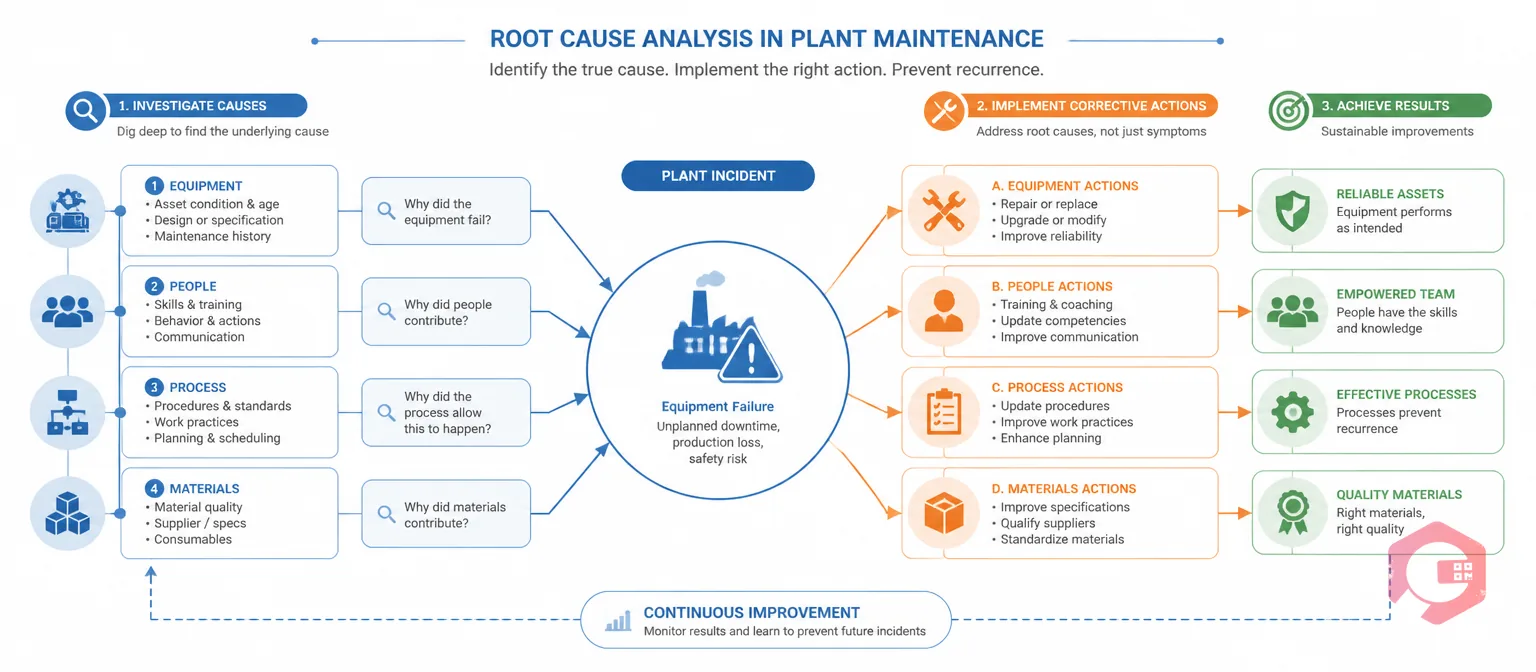Root cause analysis concept illustration showing structured incident investigation in plant maintenance | Cryotos