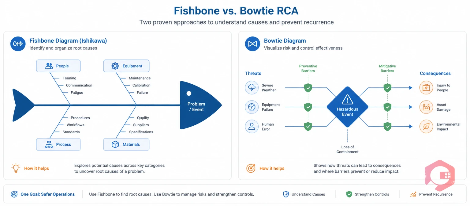 Side-by-side comparison of fishbone diagram versus bowtie diagram for plant RCA investigations | Cryotos