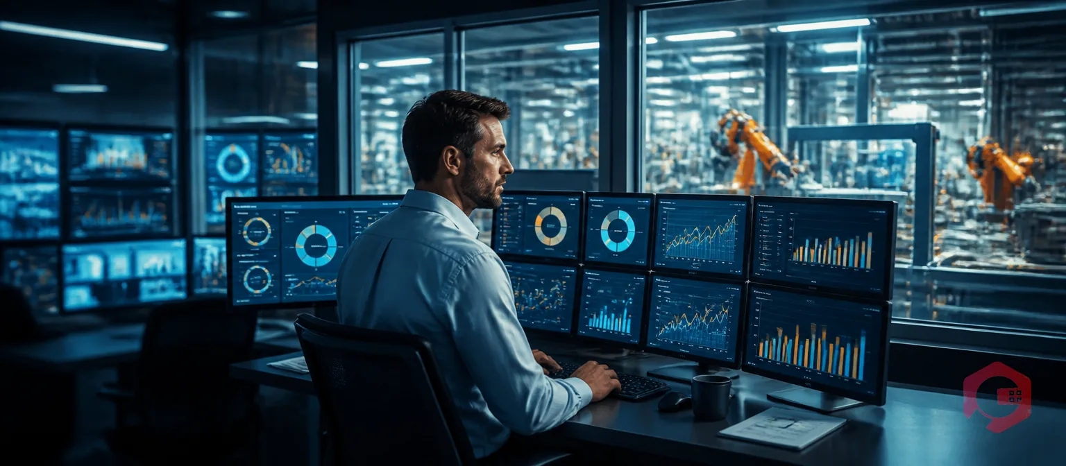 Manufacturing performance analyst comparing OEE, TEEP and OOE metrics on a production control room dashboard | Cryotos