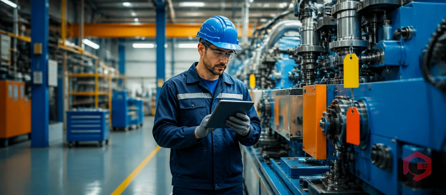 Operator performing autonomous maintenance inspection on industrial machinery with tablet checklist | Cryotos