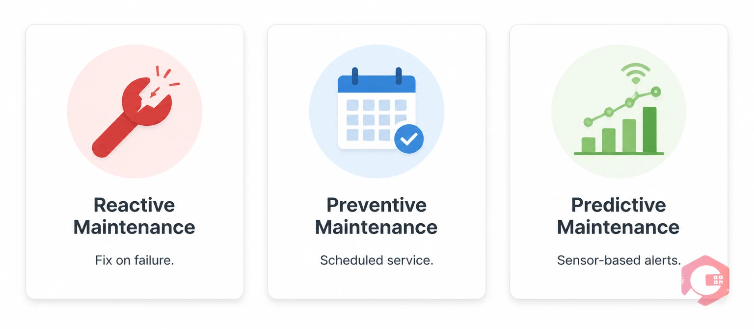 Three types of traditional maintenance: reactive, preventive and predictive maintenance illustrated | Cryotos