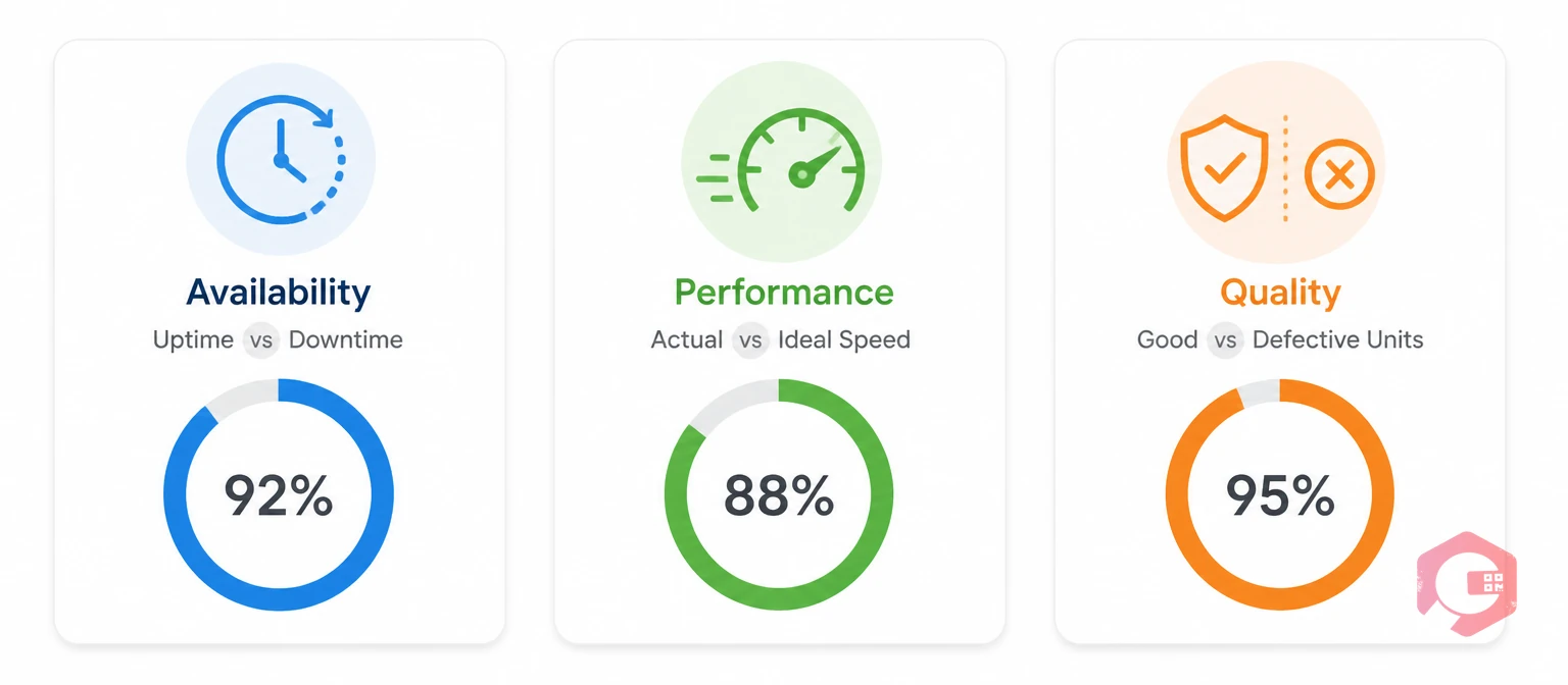 OEE three components illustrated: availability, performance and quality with percentage gauges | Cryotos