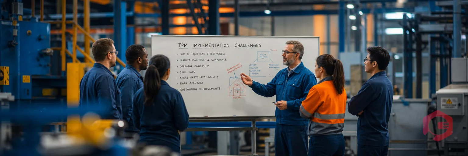 Maintenance manager reviewing TPM implementation challenges on factory whiteboard with cross-functional team | Cryotos