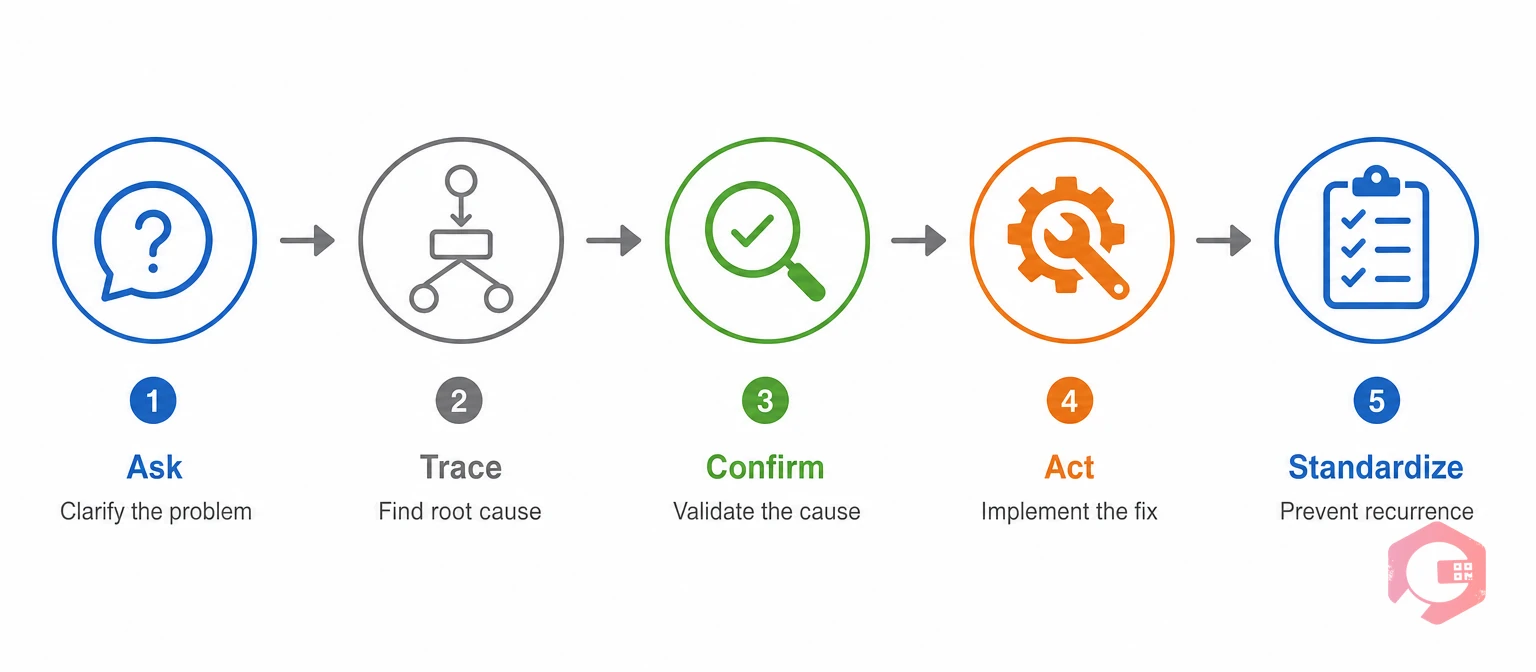 The RCA-to-Kaizen Loop five-step framework Ask Trace Confirm Act Standardize | Cryotos