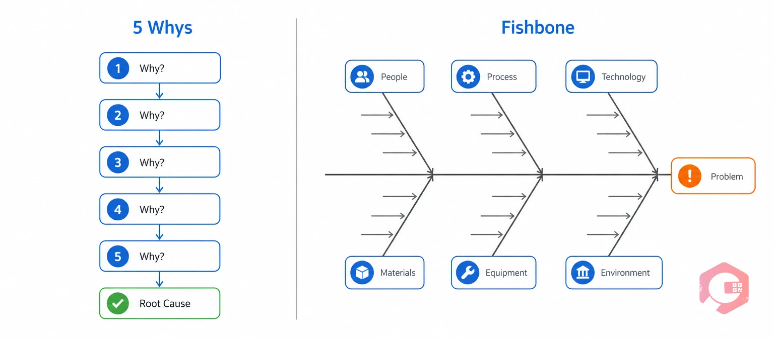 5 Whys RCA linear chain versus fishbone diagram multi-cause comparison | Cryotos