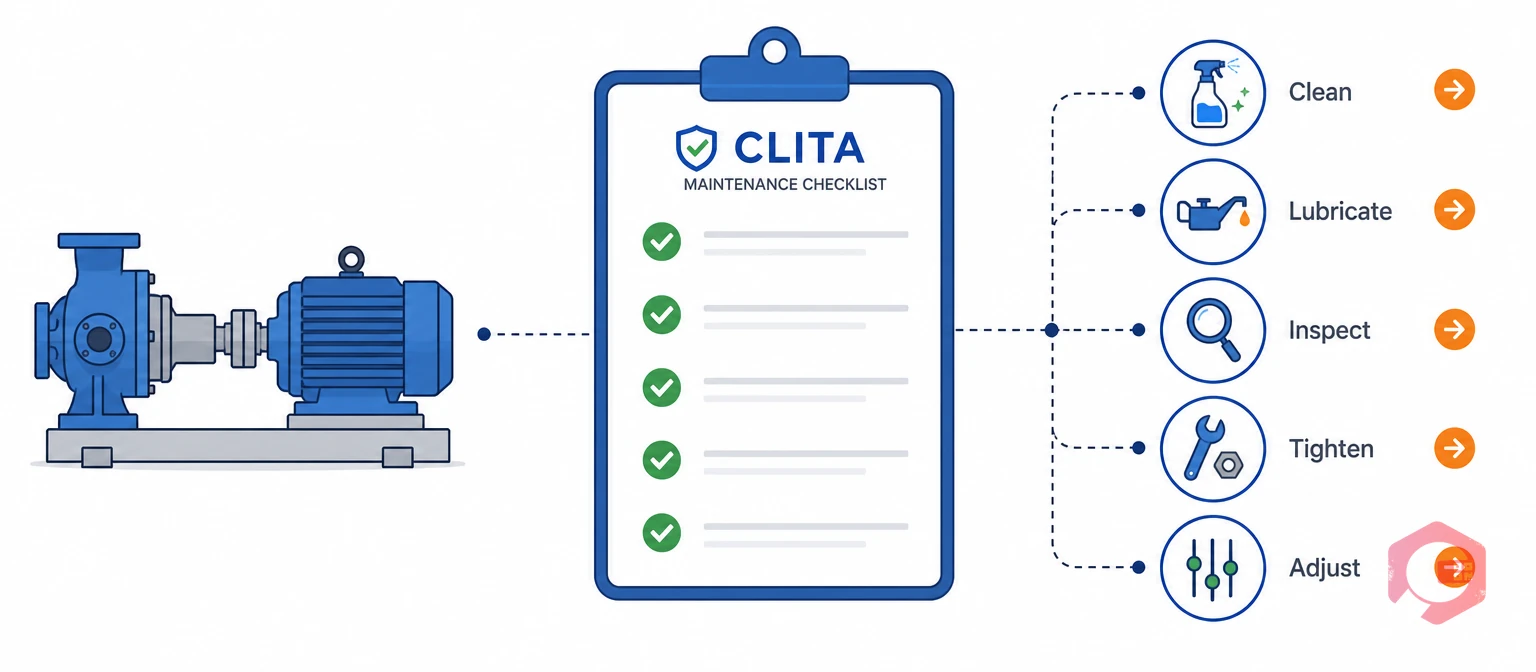 CLITA maintenance checklist concept covering Clean Lubricate Inspect Tighten Adjust | Cryotos