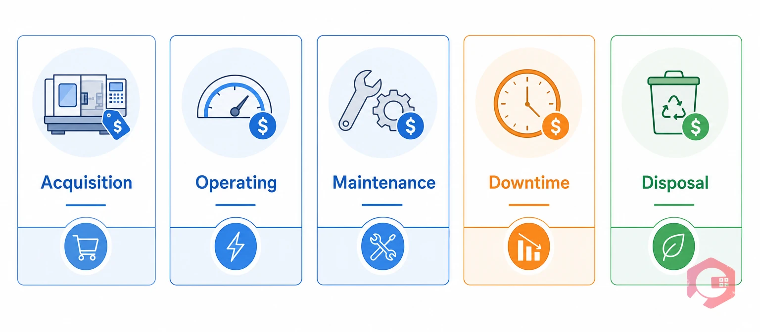 Five equipment life-cycle cost groups: acquisition, operating, maintenance, downtime, disposal | Cryotos