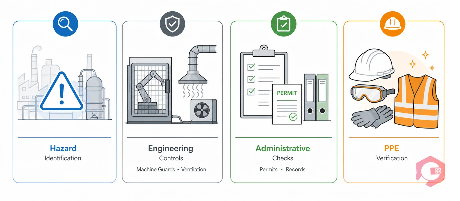 What a traditional safety audit checks: hazards, engineering controls, administrative records, and PPE | Cryotos
