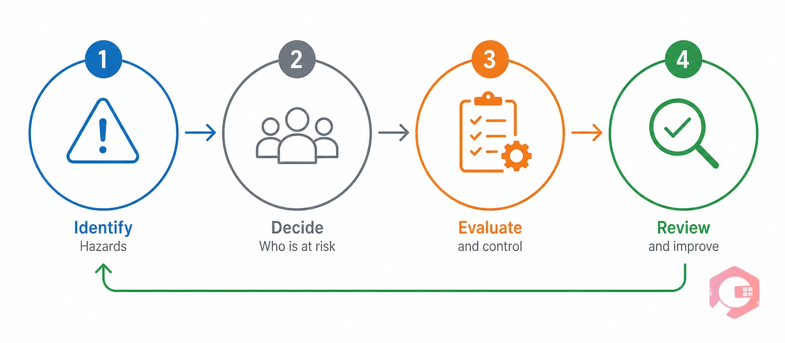 The four-step risk assessment framework: identify, decide who is at risk, evaluate and control, review | Cryotos