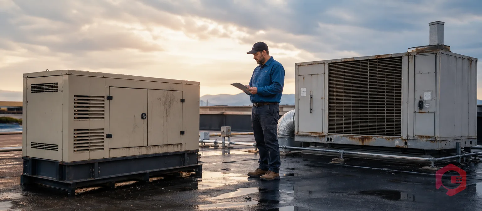 Neglected facility HVAC and generator assets inspected by a facilities technician | Cryotos