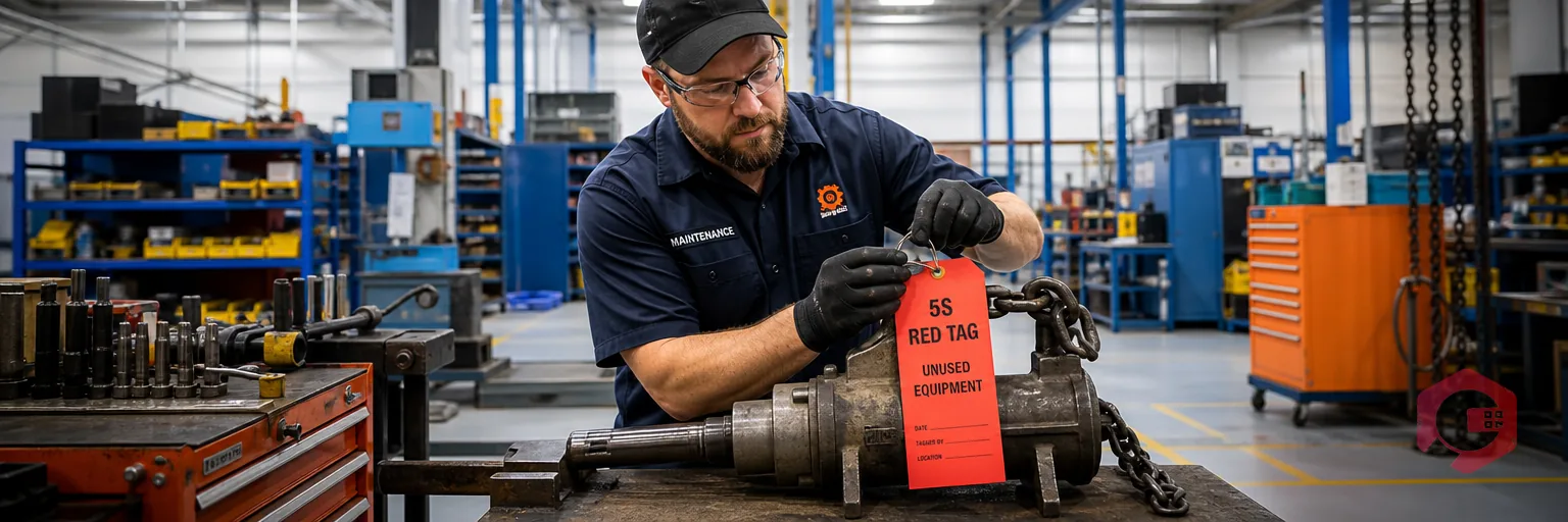 Technician attaching a red tag to a tool during a 5S Sort walk-through | Cryotos