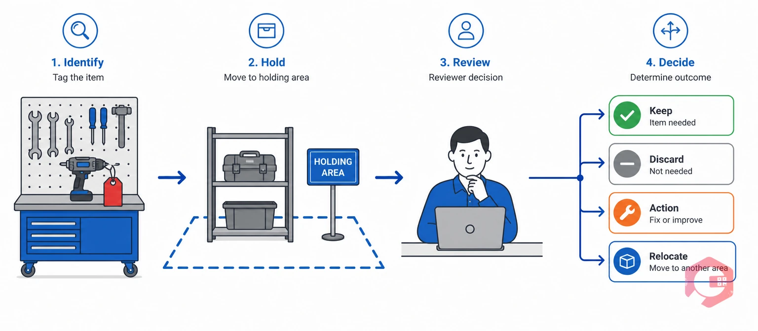 How the 5S red tag process routes a flagged item to a holding area and a reviewer decision | Cryotos