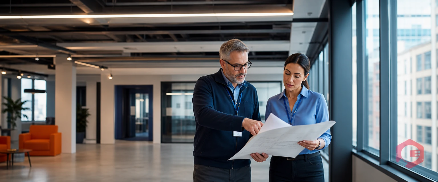 Facility manager and workplace planner reviewing floor space | Cryotos