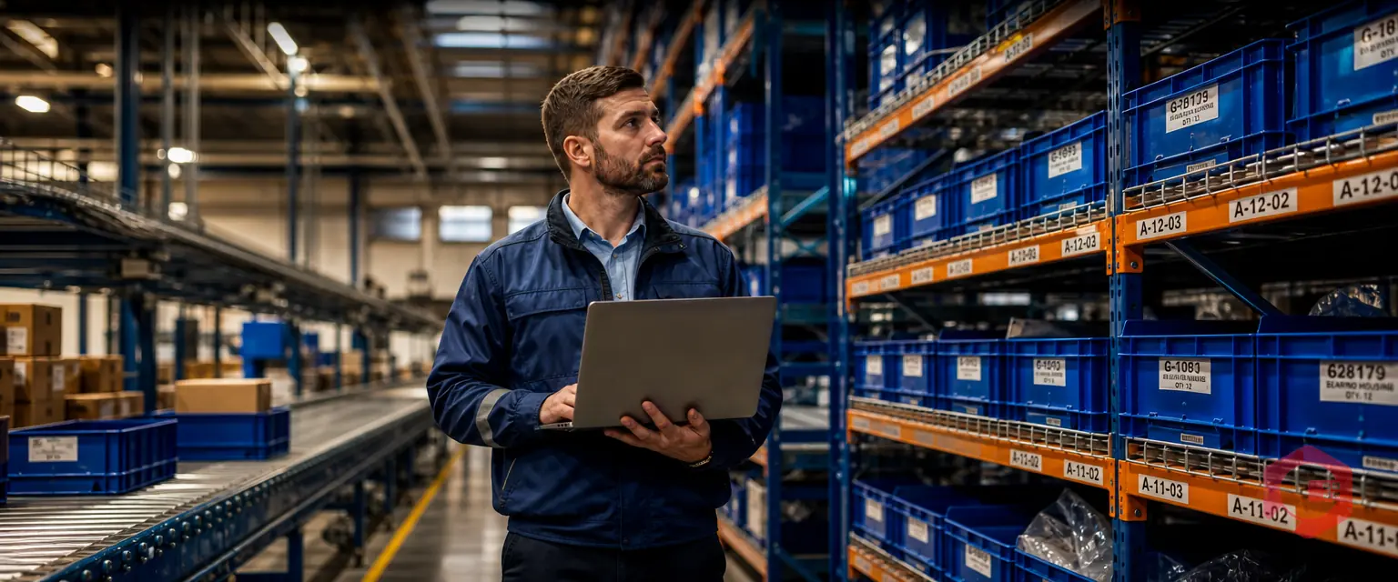 Warehouse manager checking spare-parts inventory amid industrial racking | Cryotos