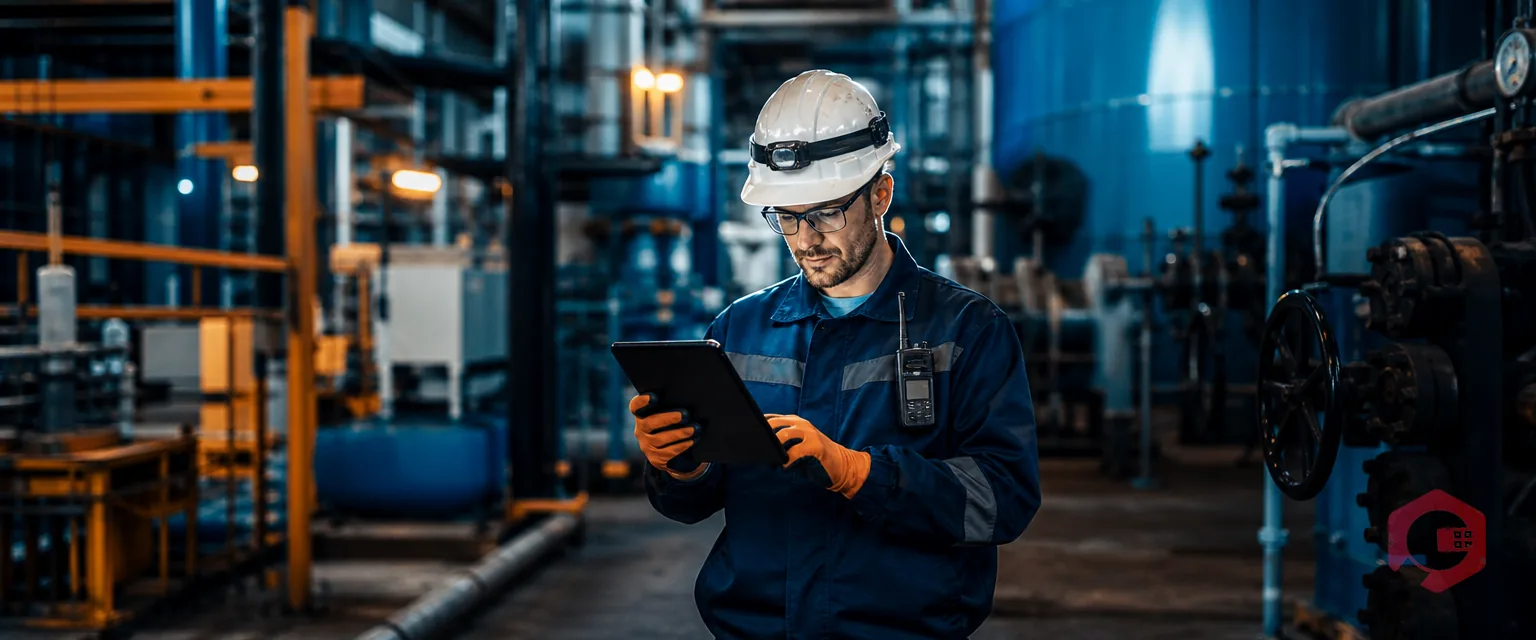 Technician using a tablet to troubleshoot equipment on the plant floor | Cryotos