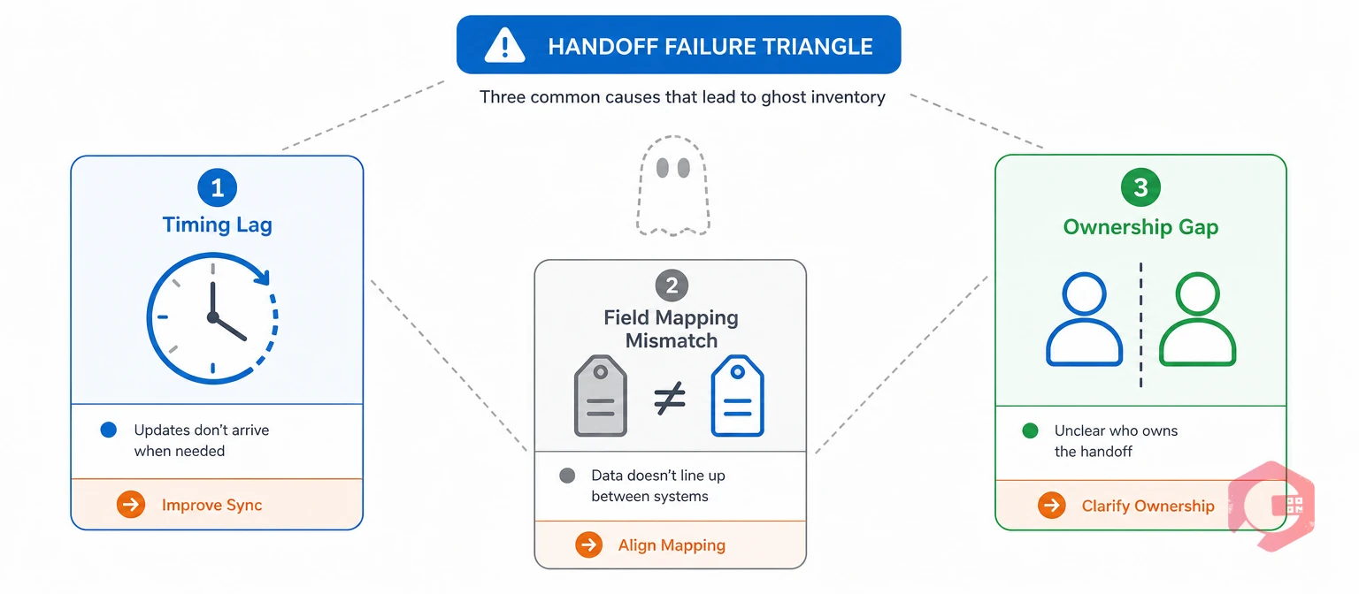 Handoff failure triangle: timing lag, field mapping mismatch, and ownership gap | Cryotos