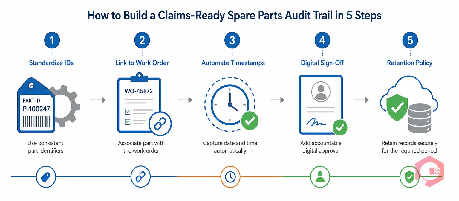 Five steps to build a claims-ready spare parts audit trail: standardize IDs, link to work order, automate timestamps, digital sign-off, retention policy | Cryotos
