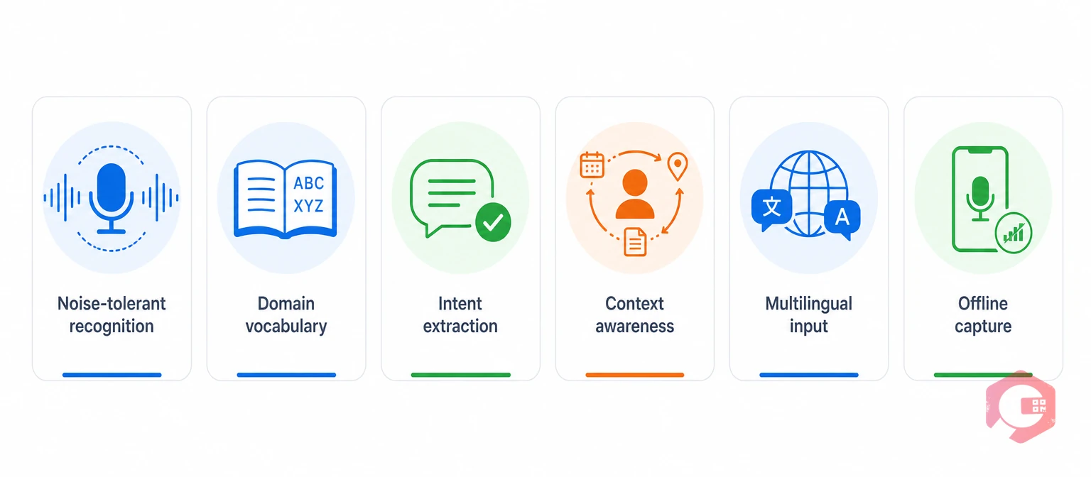 Core AI capabilities a voice reporting system needs: noise-tolerant recognition, domain vocabulary, intent extraction, context awareness, multilingual, offline capture | Cryotos