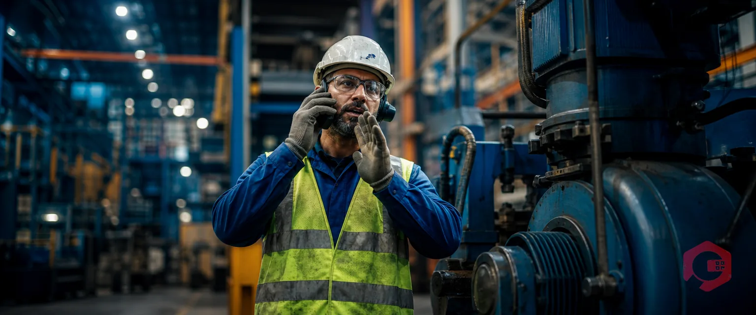 Technician giving a spoken maintenance request in a noisy plant environment | Cryotos