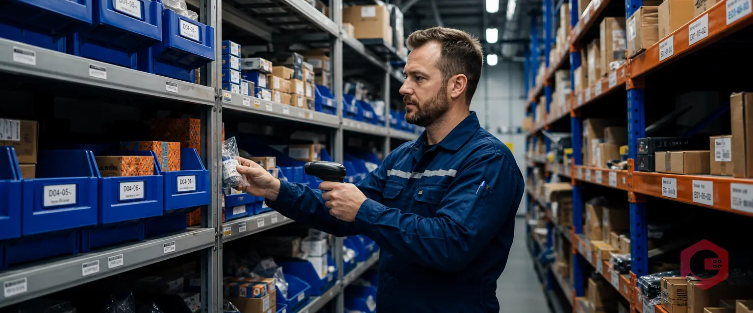 Technician scanning spare parts in an automated inventory warehouse | Cryotos