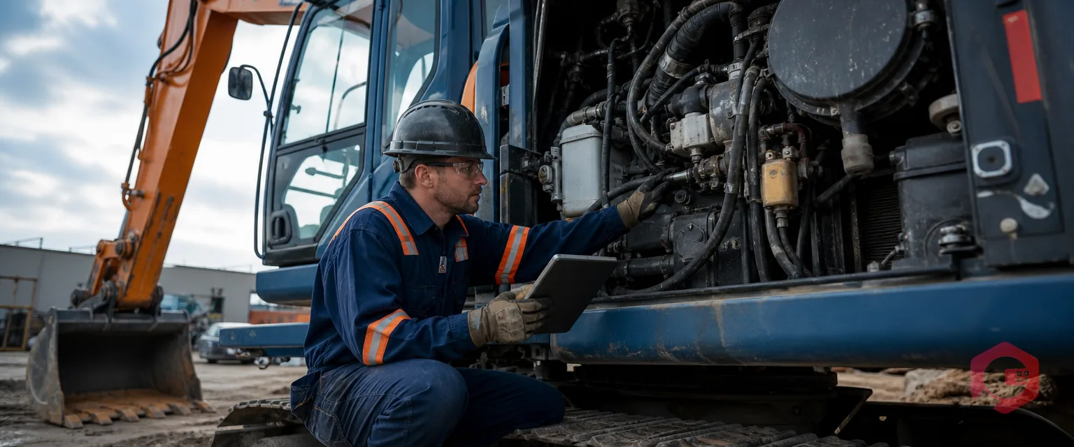 Technician inspecting heavy equipment for a warranty claim | Cryotos