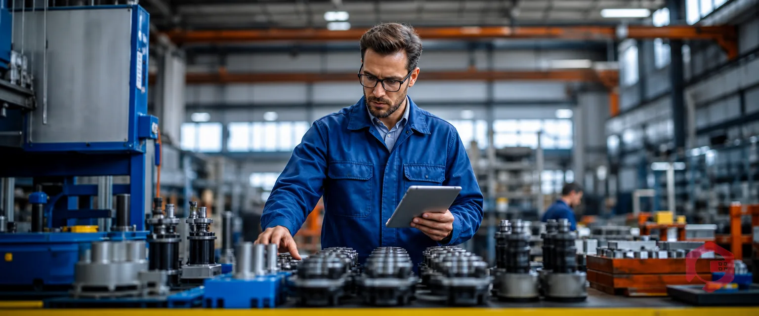 Manufacturing engineer reviewing component parts and assembly on factory floor | Cryotos