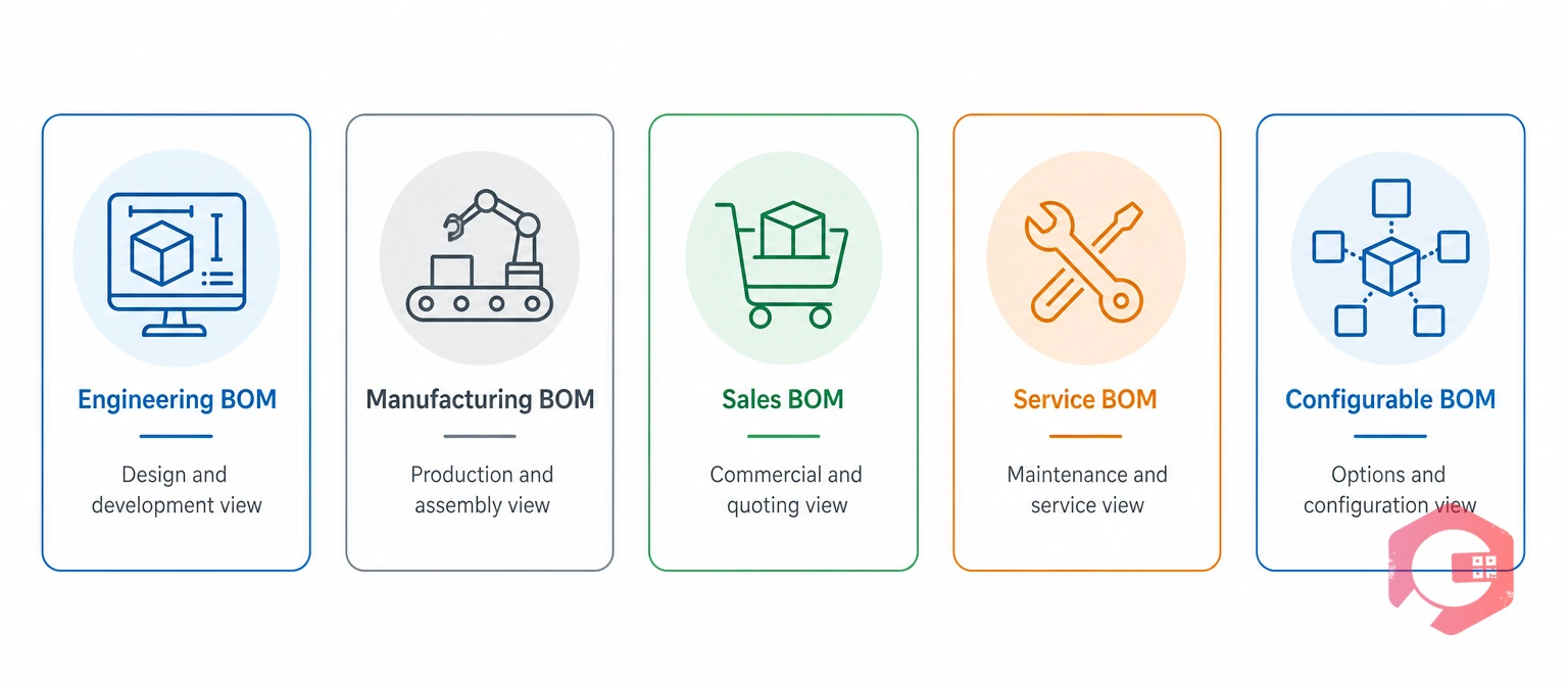 Five types of BOM in manufacturing: Engineering, Manufacturing, Sales, Service, and Configurable | Cryotos