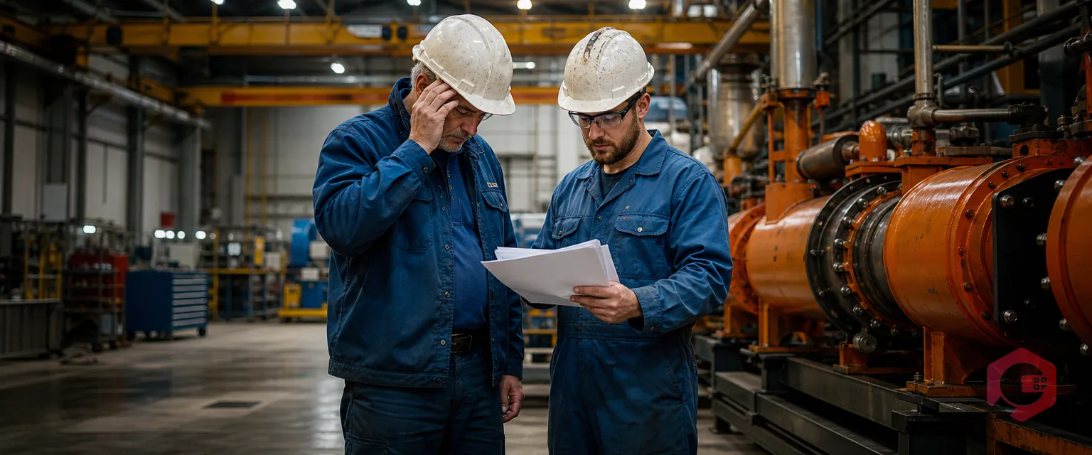 Maintenance manager and technician reviewing paperwork beside industrial equipment | Cryotos