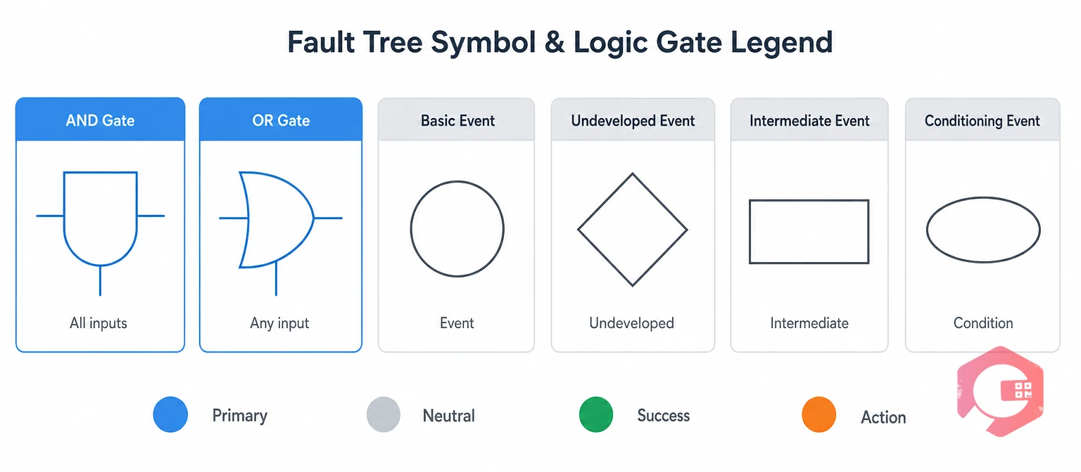 Fault tree symbols and logic gates AND OR basic event legend | Cryotos