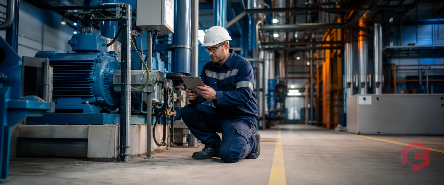 Maintenance technician following a step-by-step AI-drafted SOP on a tablet beside industrial equipment | Cryotos