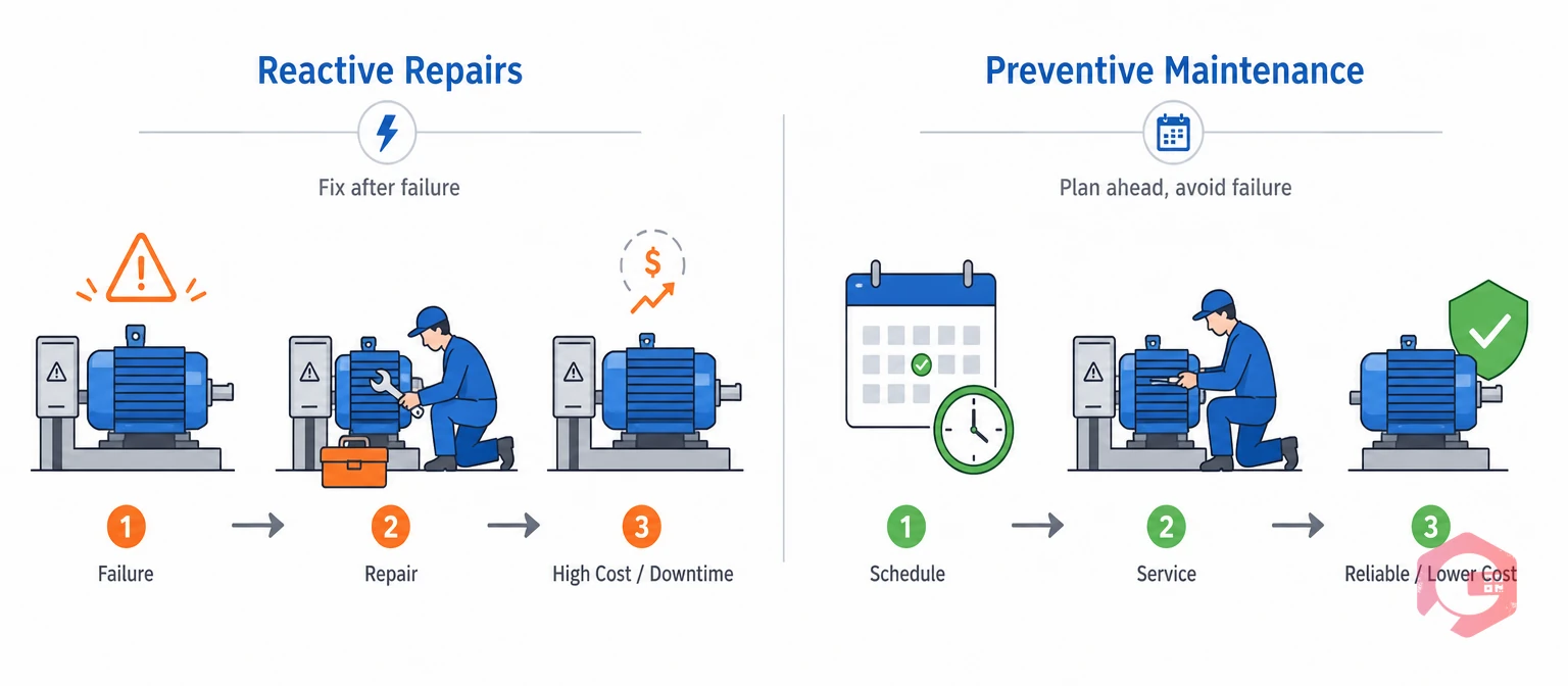Traditional maintenance: reactive repairs and calendar-based preventive schedules | Cryotos