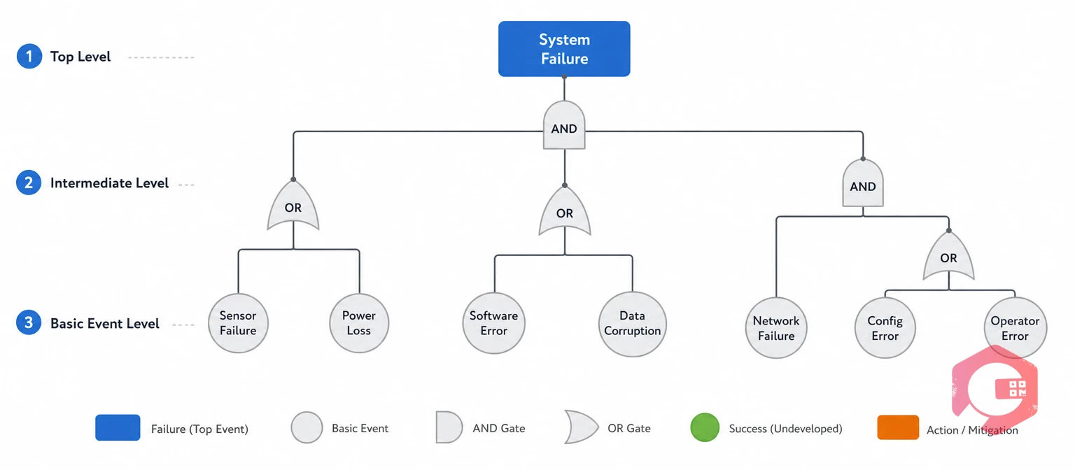 Top-down fault tree diagram structure from top event through logic gates to basic events | Cryotos