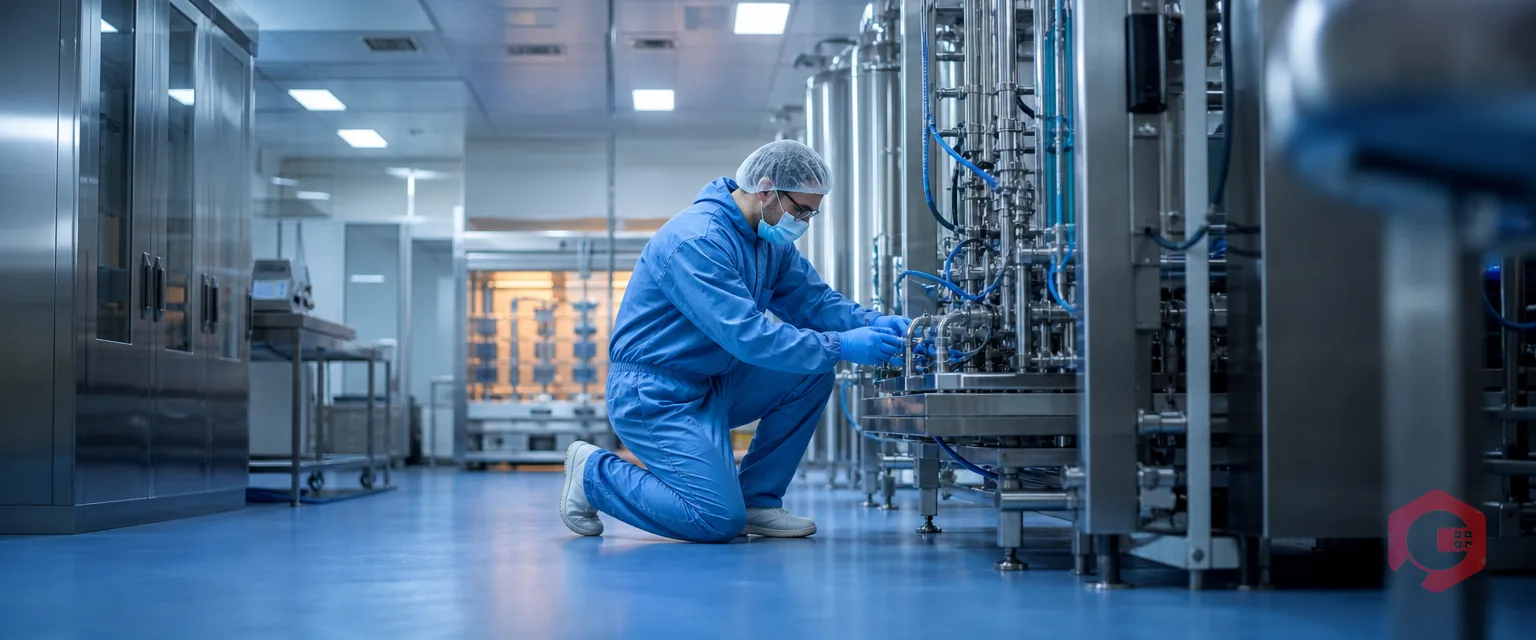 Gowned maintenance engineer servicing production equipment in a pharmaceutical cleanroom | Cryotos