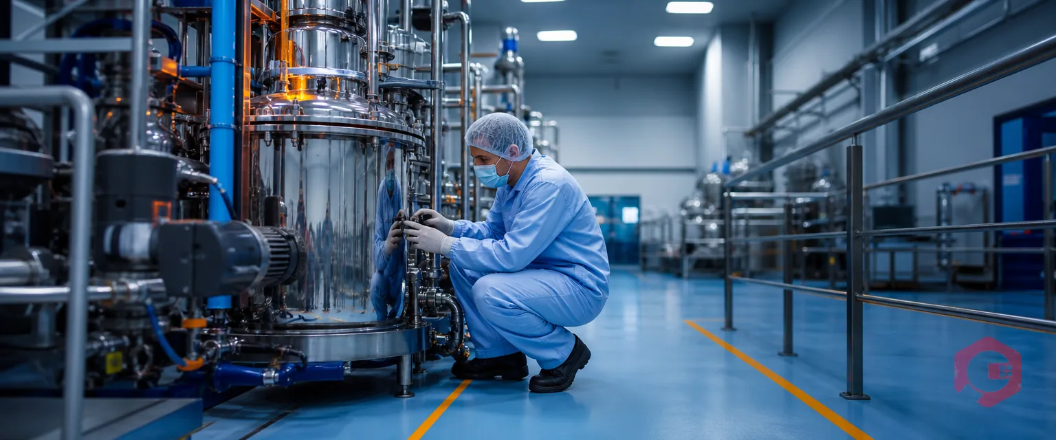 Gowned technician performing GMP preventive maintenance on pharmaceutical production equipment in a cleanroom | Cryotos