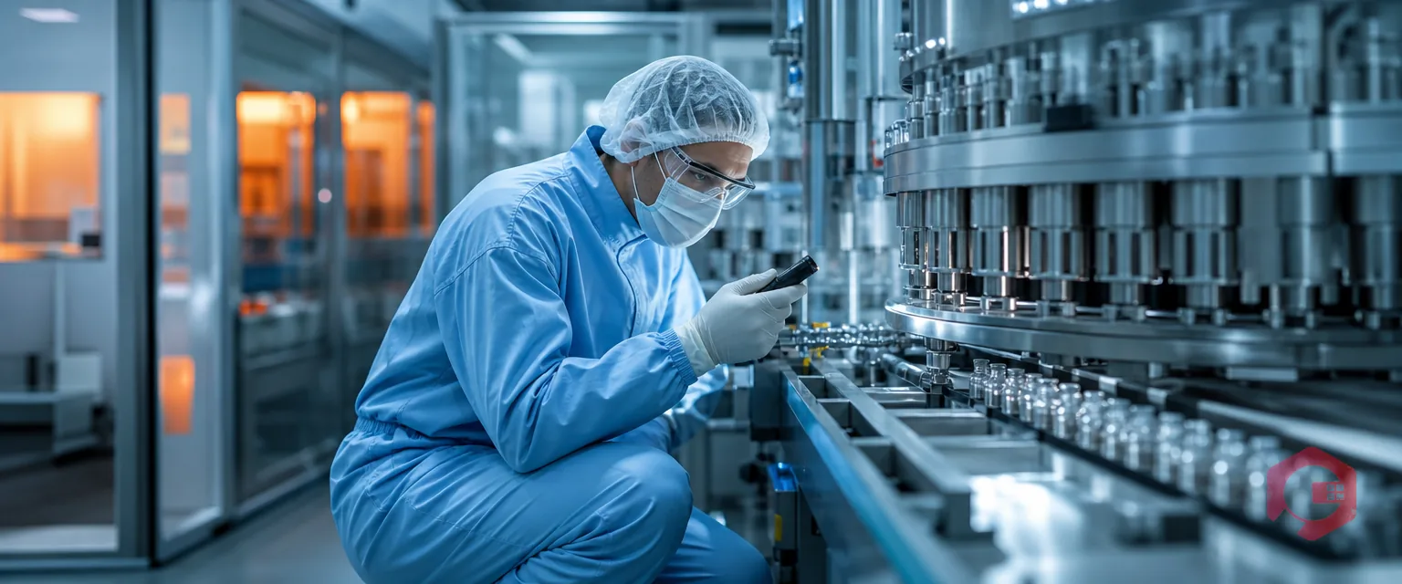 Gowned engineer inspecting pharmaceutical production equipment for GMP compliance | Cryotos