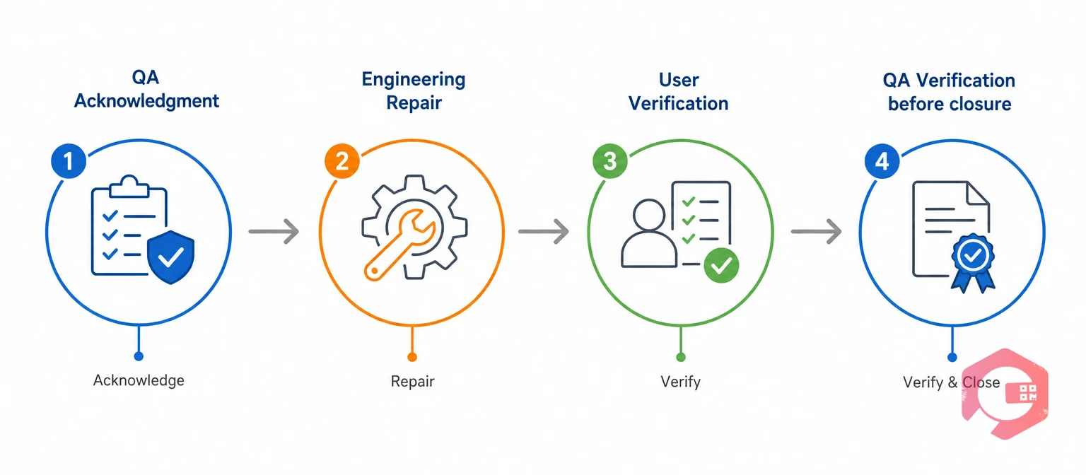 QA-gated breakdown repair workflow with four verification stages | Cryotos