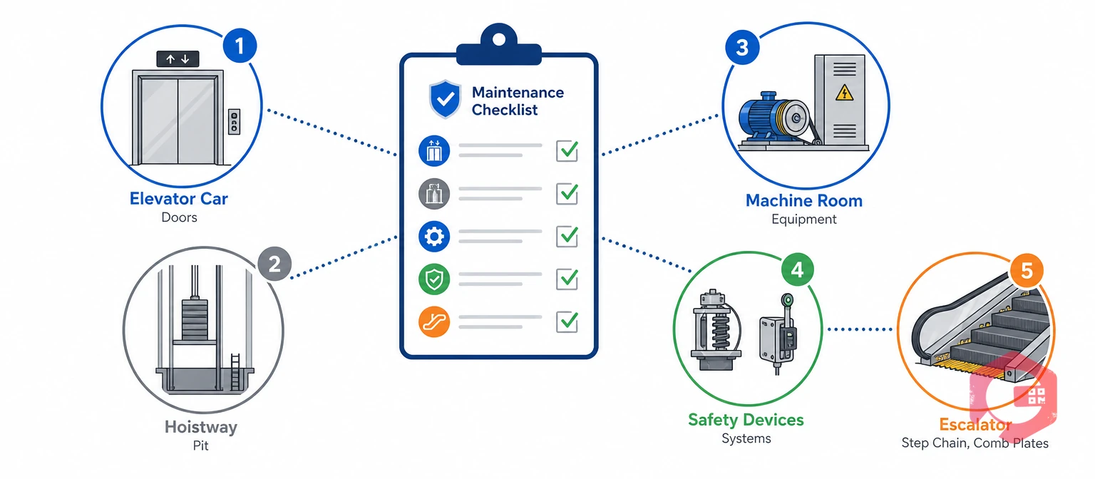 Elevator and escalator maintenance checklist covering car, hoistway, machine room and safety devices | Cryotos