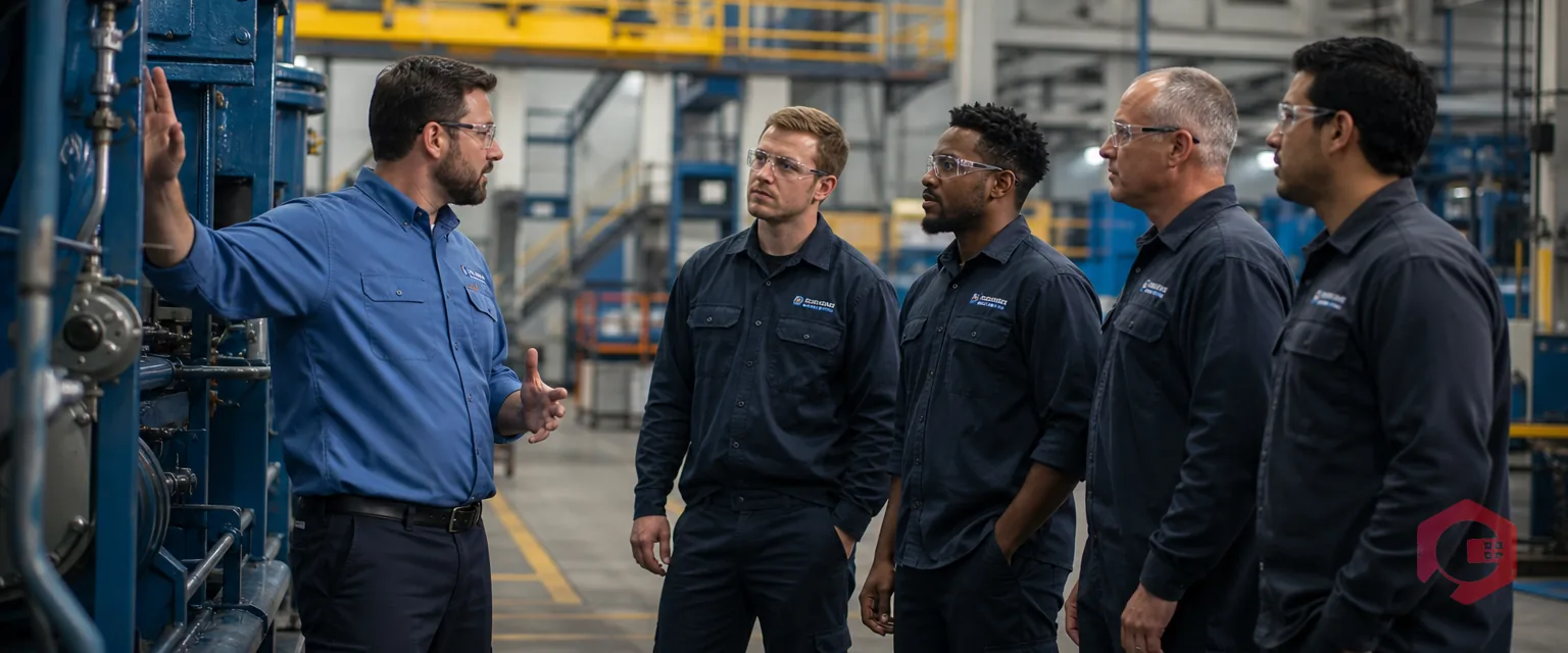 Maintenance team in a CMMS training session with a trainer beside industrial equipment | Cryotos