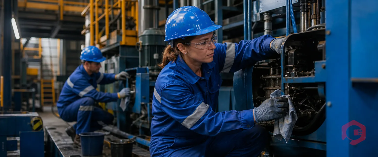 Machine operators cleaning, inspecting and lubricating factory equipment during autonomous maintenance | Cryotos