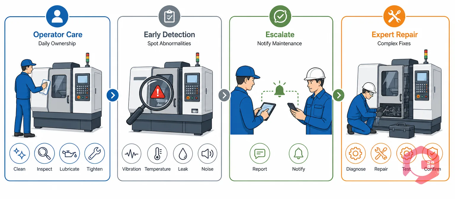 Autonomous maintenance concept showing operators owning daily equipment care and early abnormality detection | Cryotos