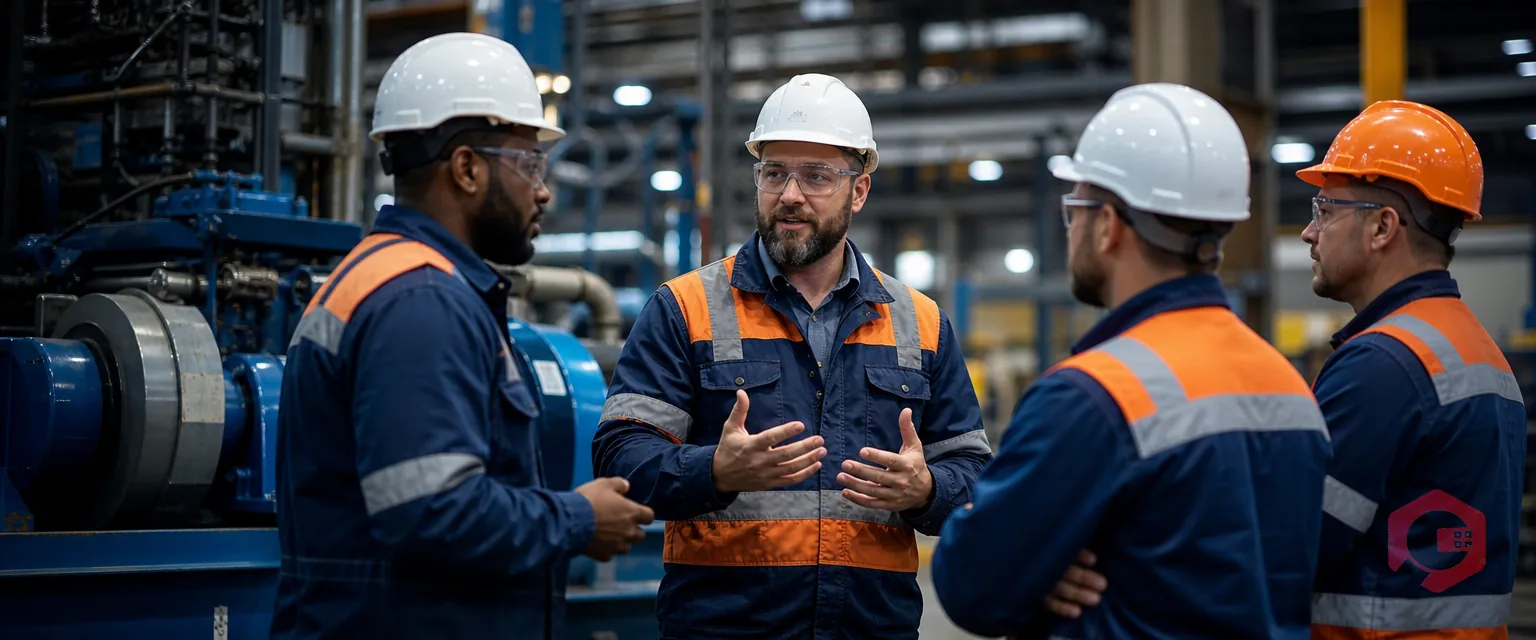 Maintenance team and manager discussing a CMMS rollout beside industrial equipment | Cryotos