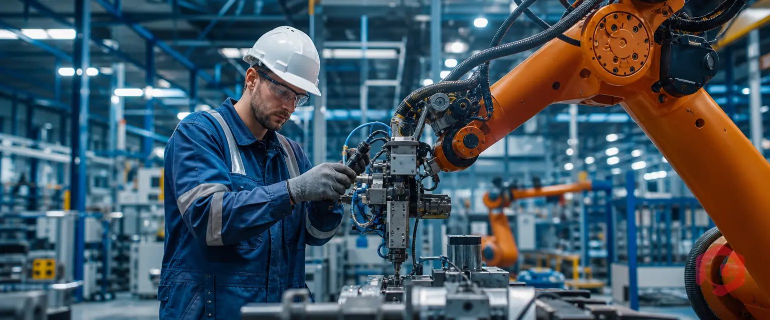 Maintenance engineer working alongside automation on a modern factory floor | Cryotos